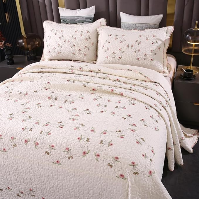 Quilt Set Floral Leaves 3D Embroidery Pattern 3 PCS Cotton Reversible Quilted Embroidered Decorative Bedspreads Coverlet Set, Lightweight &Soft Queen Size Beige Bedding Coverlet for All Season