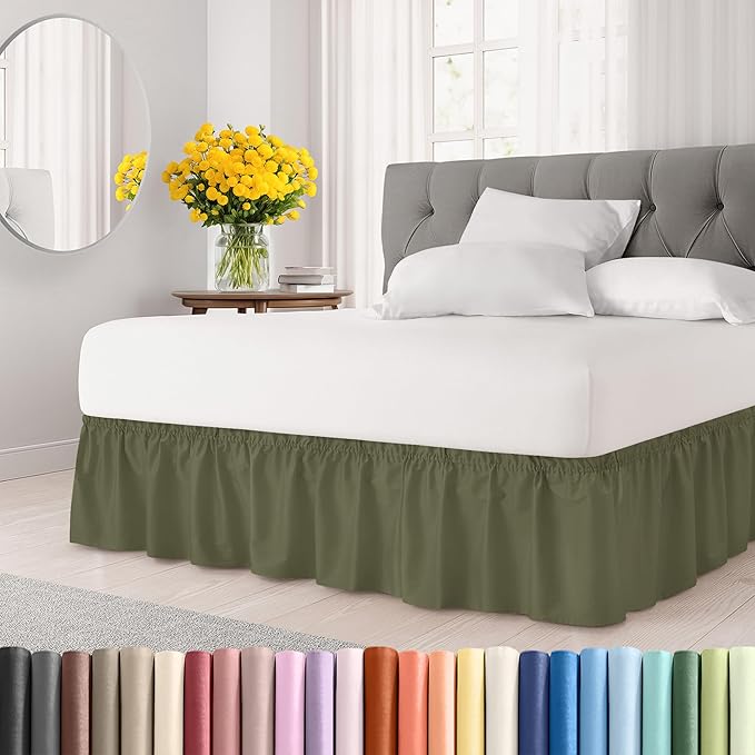 Wrap Around Dust Ruffle Bed Skirt - Sage Green - for Queen Size Beds with 18 Inch Drop - Elastic Strap - Adjustable Pleated Bedskirt with Brushed Fabric and Wrinkle Free - For Women, Men, Kids & Teens