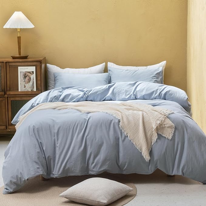 FOSSA Duvet Cover Set 100% Washed Cotton Linen Feel Super Soft Breathable Cozy 3 Pieces Bedding Sets Solid Cornflower Blue Super King Plus