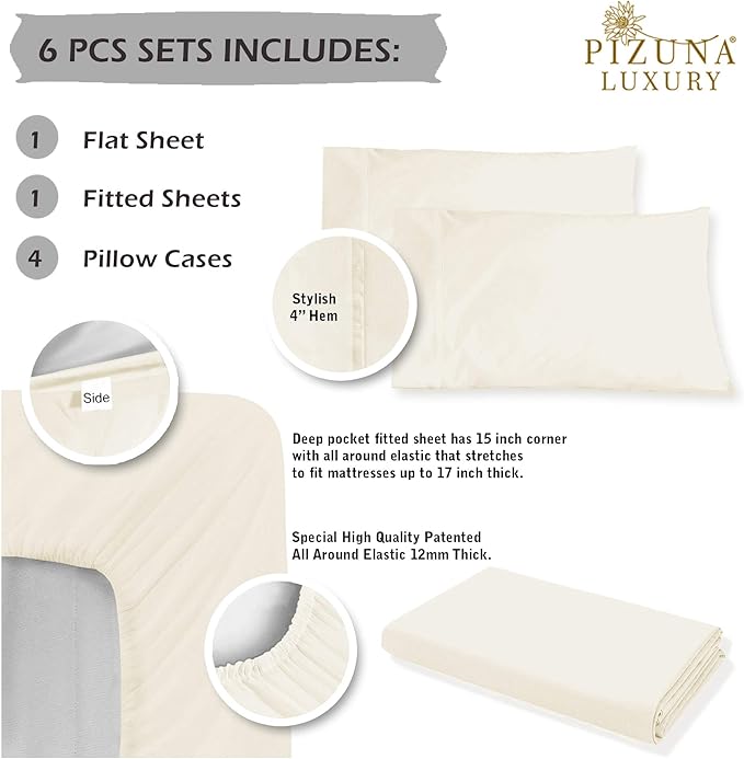 Pizuna Pure 100% Cotton Sheets 6pc King Size, 800 Thread Count Long Staple Cotton Crisp Sateen Sheets 6pc King with 15inch Deep Pocket (Combed New Ivory Cotton Sheets 6pc King)
