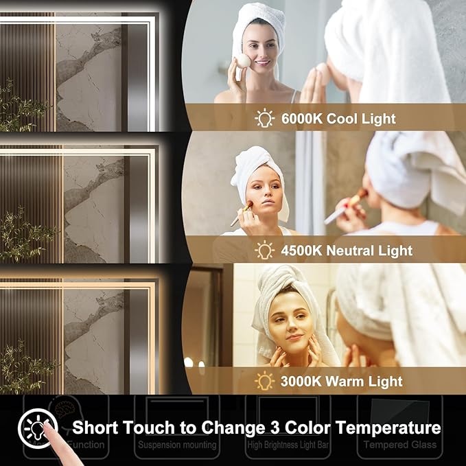 48x30 Inch LED Bathroom Mirror with Frontlit & Backlit（Independent Control）, Lighted Mirror for Bathroom Wall with 3-Color Dimmable & Anti-Fog, Vanity Mirror with Lights