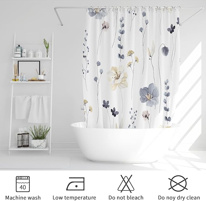 Gibelle Watercolor Floral Shower Curtain, Grey Beige Flower Shower Curtain for Bathroom, Modern Minimalist White Waterproof Fabric with Hooks 72x72 Inch