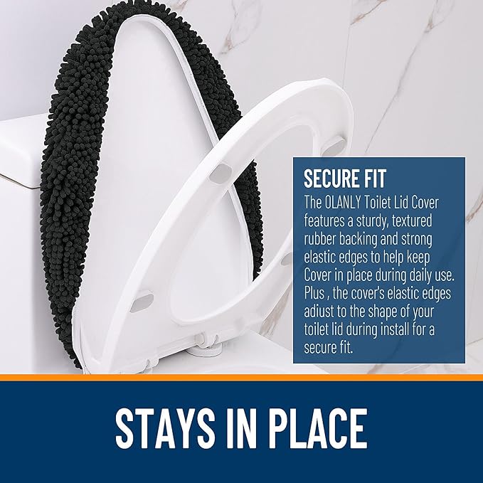OLANLY Soft Chenille Bathroom Toilet Lid Cover, Machine Washable Seat Covers, 17.5x15, Stays in Place Rubber Backing, Fits Most Round, Elongated and Oblong Lids, Accessories Decor, Black