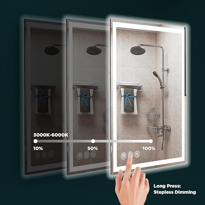 LED Bathroom Mirror 24"x 32" with Stepless Dimmable Wall Mirrors with Anti-Fog, Dimmable CRI>90, Vanity Mirror with 3 Color Modes, Shatter-Proof, Memory Bathroom Mirror with LED Lights