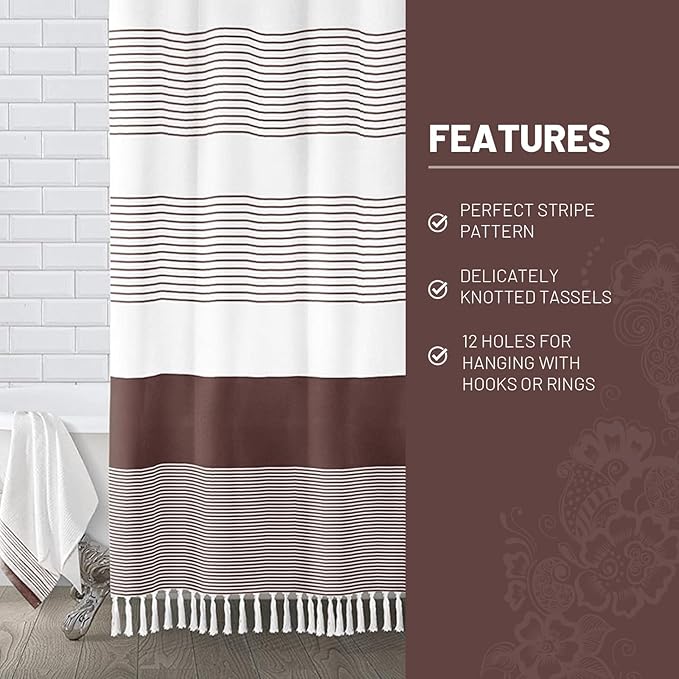 Awellife Boho Dark Brown Shower Curtain for Bathroom Stripe Tassel Shower Curtain 72 X 72 Inches Farmhouse Cotton