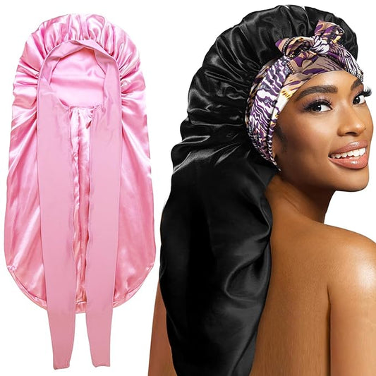 2Pcs Bonnets for Black Women Braid Bonnet, Large Long Satin Silk Bonnet for Braids,Black Women Braid Bonnet with Stretchy Tie Band for Sleeping Extra Long (Pink &Black Dark Pattern