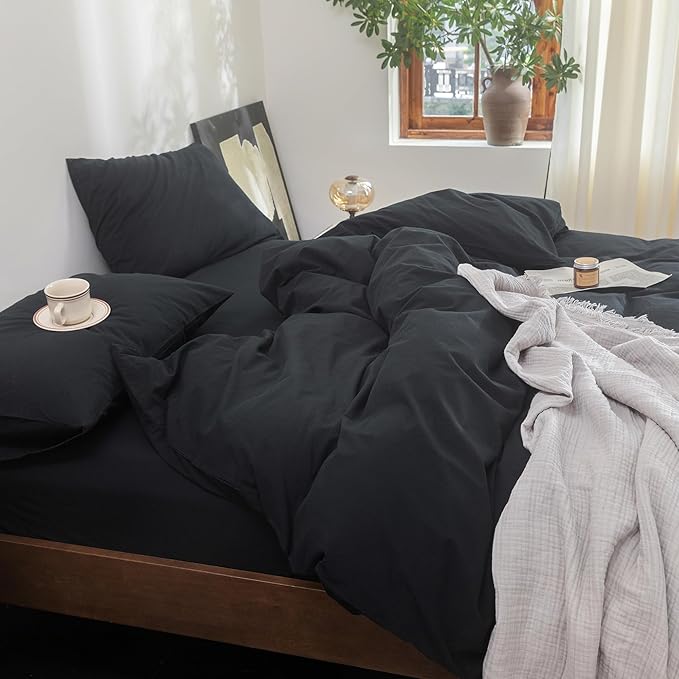 FOSSA Duvet Cover Set 100% Washed Cotton Linen Feel Super Soft Breathable Cozy 3 Pieces Bedding Sets Solid Black Queen