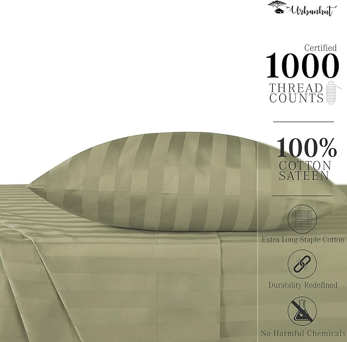 URBANHUT 1000 Thread Count Damask Striped Twin Size Egyptian Cotton Sheets, Long Staple Soft & Breathable, 4 Pc Bed Sheet Sets, Luxury Hotel Sateen Sheets Fits 16" Deep Pocket - Sage