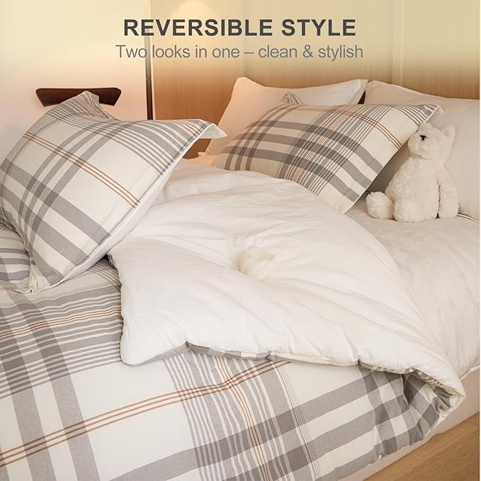 100% Cotton Comforter Set Twin Size – Reversible Yarn-Dyed Checkered Design, Soft Washed Cotton on Both Sides, Lightweight All-Season Bedding, Machine Washable(Grey White Plaid, 68”x90”)