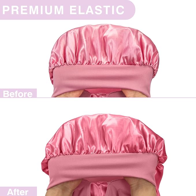 3PCs Bonnets for Black Women - Braid Bonnet, Satin Silk Sleep Bonnet with Stretchy Tie Band for Long Curly Hair (Blue, Rose Pink, Purple)