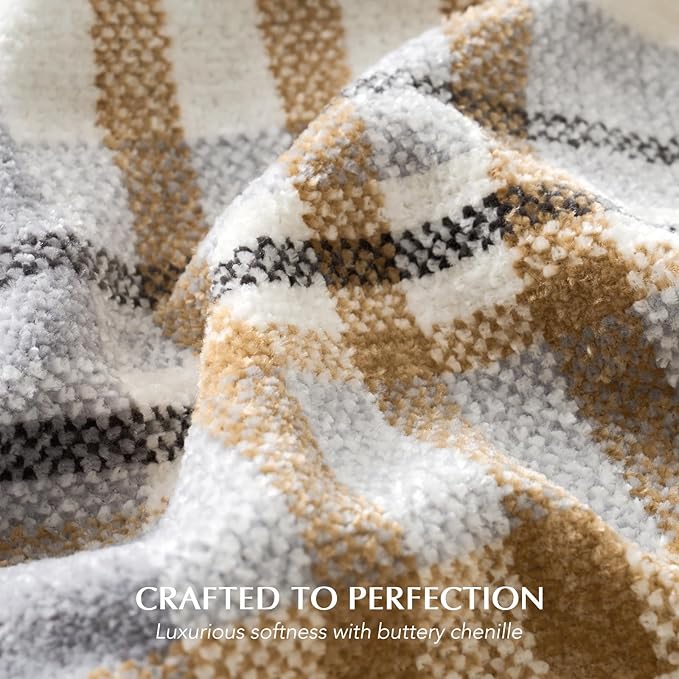 EVERGRACE Plaid Chenille Throw Blanket for Couch, Super Soft Cozy Decorative Farmhouse Plaid Throw with Tassels, Lightweight Chenille Knit Throw for Bed Sofa Gift Home Decor, Grey & Beige 50"x60"