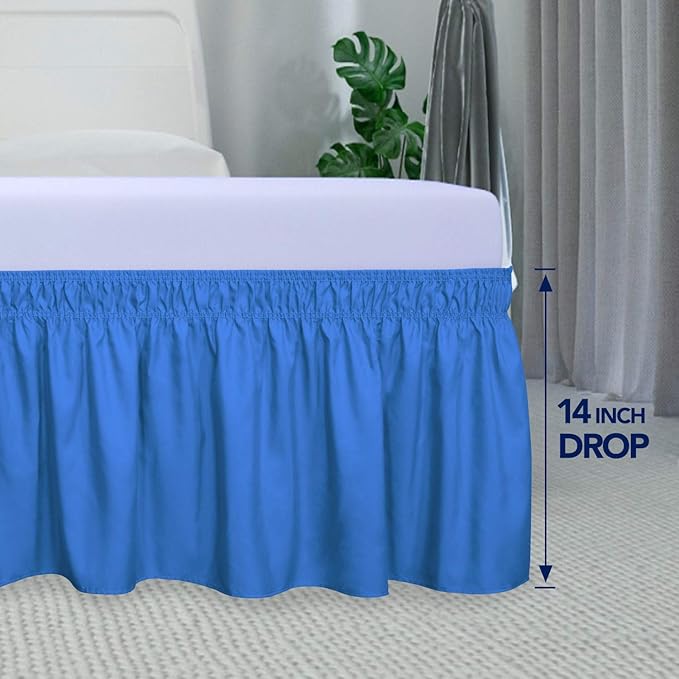 PureFit Wrap Around Ruffled Bed Skirt with Adjustable Elastic Belt - 14 Inch Drop Easy to Put On, Wrinkle Free Bedskirt Dust Ruffles, Bed Frame Cover for Twin,Twin XL and Full Size Beds, Blue