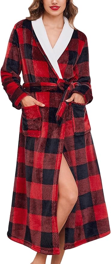 Ekouaer Women's Robe Long Plush Soft Bathrobe Jacquard Color Block Robes Shawl Collar Sleepwear with Pockets S-XXL