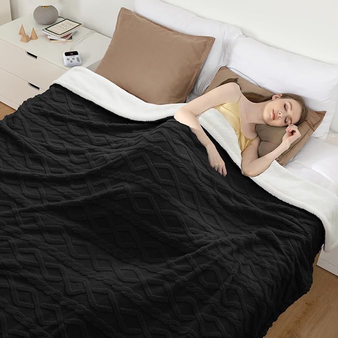 CAROMIO Electric Blanket Full Size - Thick Tufted Sherpa Heated Blanket Full Size with 10 Heating Levels and 10 Time Settings, ETL Certified Machine Washable Fast Heating Blanket Full 72"×84", Black