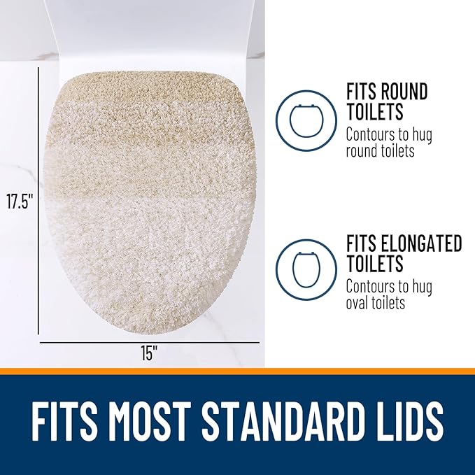 OLANLY Soft Microfiber Bathroom Toilet Lid Cover, Machine Washable Covers, 17.5x15, Stays in Place Rubber Backing, Fits Most Round, Elongated and Oblong Lids, Accessories Decor, Light Beige