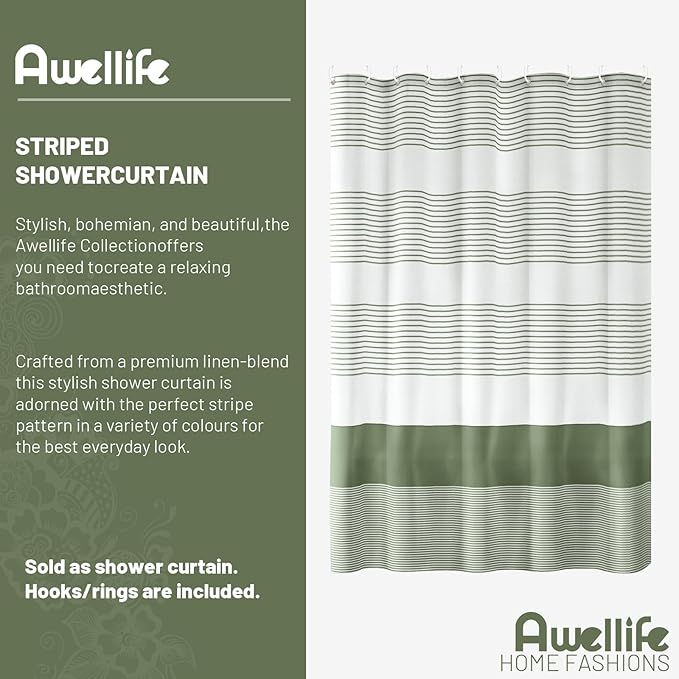 Awellife Sage Green Shower Curtain for Bathroom Boho Stripe Shower Curtain 72 X 72 Inches Farmhouse Cotton