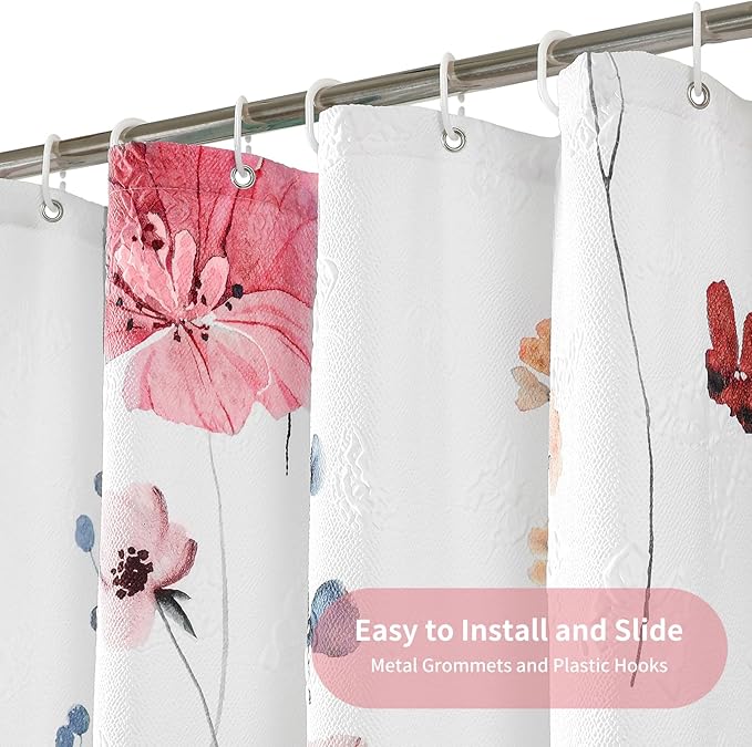 QiyI Small Stall Shower Curtain 36 x 72, Narrow Half Watercolor Floral Bath Curtains, 3D Embossed Peach Pink Flower Cloth Bathroom Curtain, Waterproof Fabric White Shower Curtain Set with Hooks