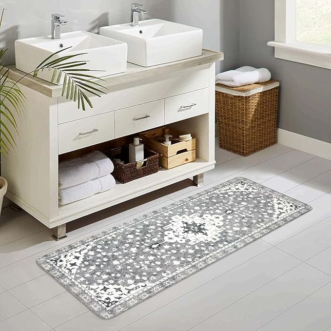Uphome Vintage Bathroom Runner Rug Gray Non-Slip Soft Long Bathroom Rugs Machine Washable Oriental Bath Mat Traditional Farmhouse Floral Floor Mats for Sink Shower Bathtub, 18x47 inch