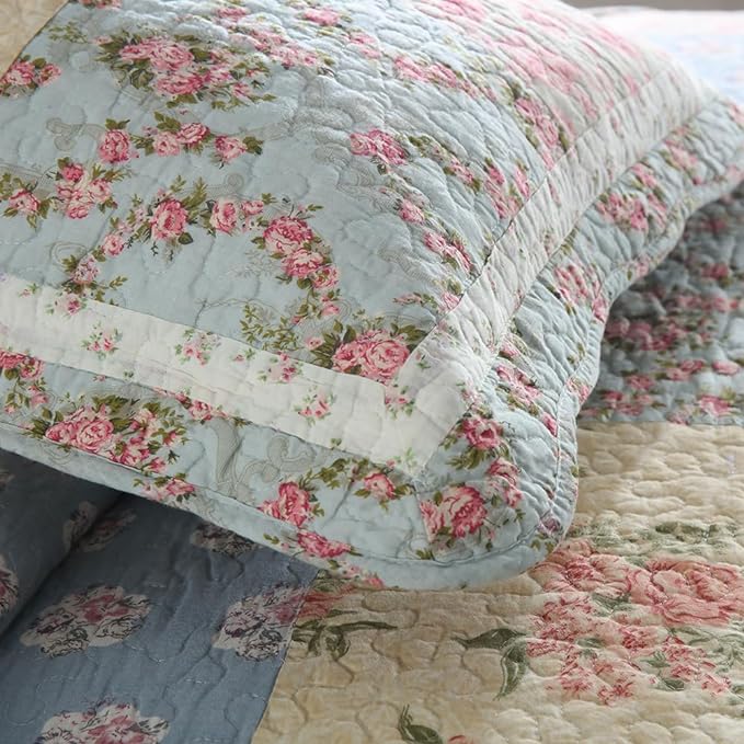 Cotton Bedspread Quilt Bedding Sets 3 Pieces Reversible Coverlet Sets Comforters Green Rose Floral Patchwork Bedspread, Queen Size