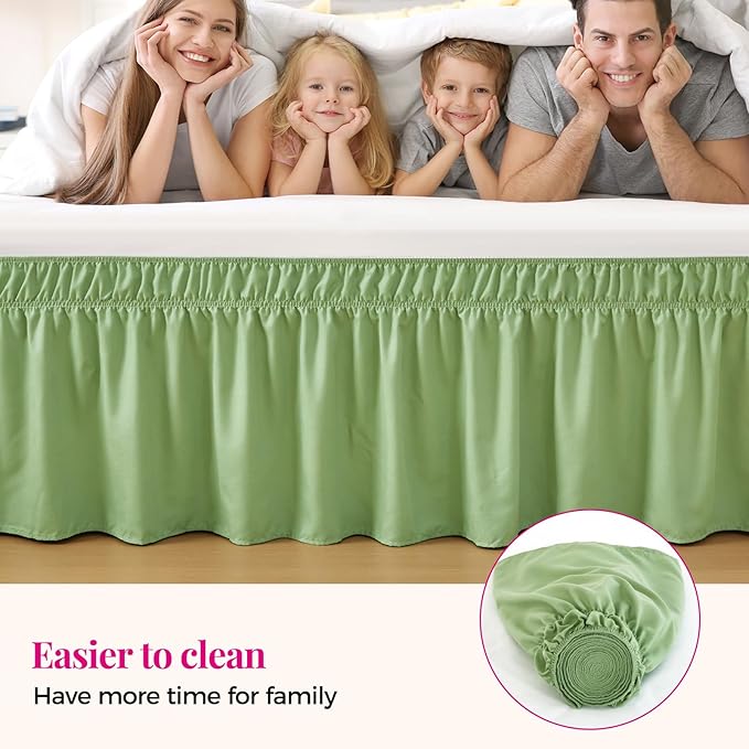 RIMELA Light Green Bed Skirt King Size 15 Inch Drop, Elastic Bed Skirting for Bed Base and Frame, Bedding Dust Ruffle Easy to Install, Lightweight Wrap Around Adjustable Bedskirt