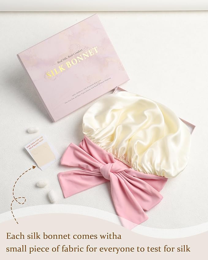 AWAYTR Mulberry Silk Bonnet for Sleeping - Silk Sleep Bonnet with Tie Band for Curly Hair Men and Women (Beige and Pink Tie Band)
