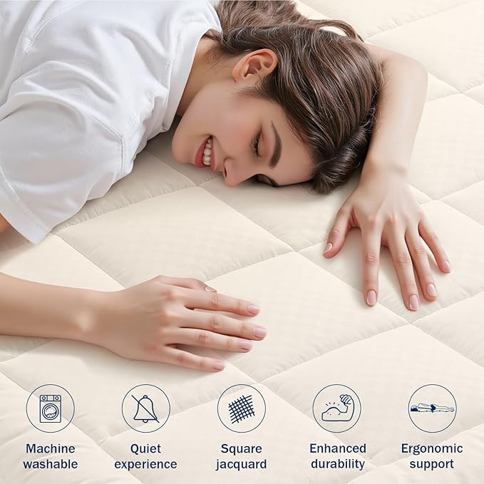 OLANLY Queen Quilted Fitted Mattress Pad – Soft Pillow Top Mattress Topper, Down Alternative Fill, Cooling Comfort Breathable Mattress Cover, Machine Washable Deep Pocket Mattress Protector, Ivory