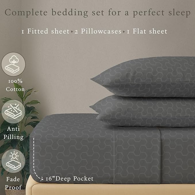 Threadmill 500 Thread Count King Size 4 Pc Luxury Cotton Bed Sheet Set, Jacquard Floria Dark Grey, Silky Soft Sheets with 16" Elasticized Deep Pocket, 2 Pillowcases & Free Tote Bag