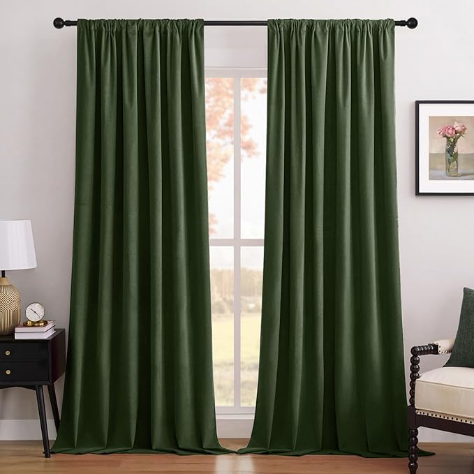 Joydeco Olive Green 100% Blackout Curtains 84 Inch 2 Panels, Luxury Thermal Green Velvet Curtains for Bedroom Living Room, Soundproof Blackout Window Drapes, Rod Pocket & Back Tab (52W x 84L)
