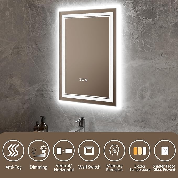 Bathroom Mirror with Lights 20"X28" with Front Light and Backlit, Tempered Glass, Wall Mount Horizontal/Vertical, Stepless Dimmable, 3 Colors, Anti Fog, Bathroom Memory LED Mirror