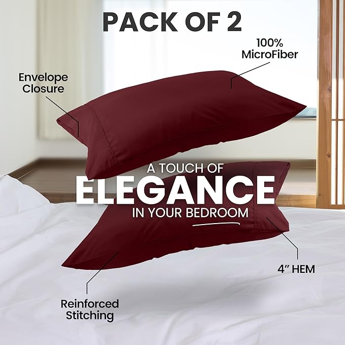 Pillow Covers by Utopia Bedding - King Size 2-Pack – Soft Brushed Microfiber – Perfect for Hospitals, Hotels, Guest Rooms – Oeko-TEX Certified, 20x40 Inches (Burgundy)