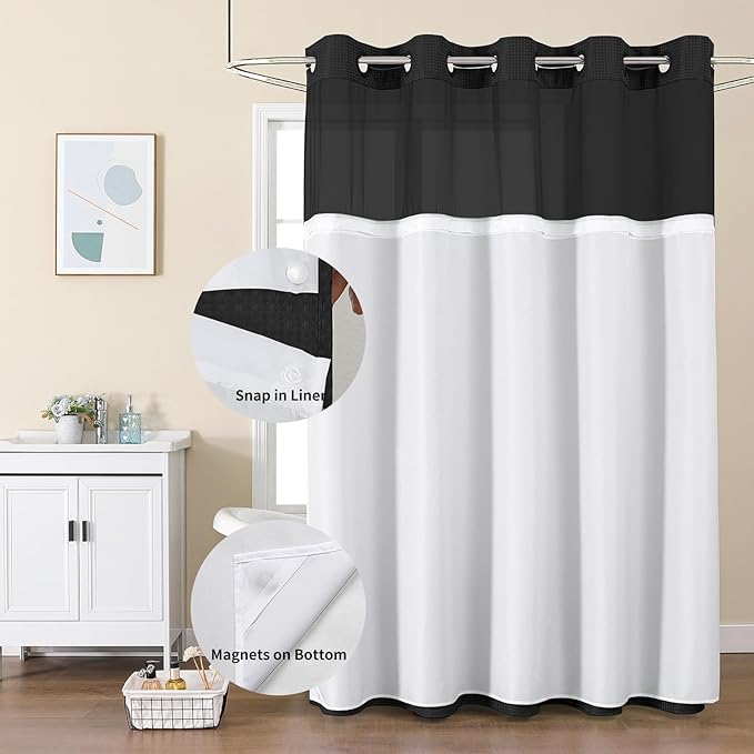 Colorful Star No Hook Shower Curtain with Snap in Fabric Liner, Waffle Weave Heavy Duty Thick Shower Curtains with Mesh Top Window, Hotel Style Waterproof Bathroom Curtain Set, 72 x 81 Inch, Black