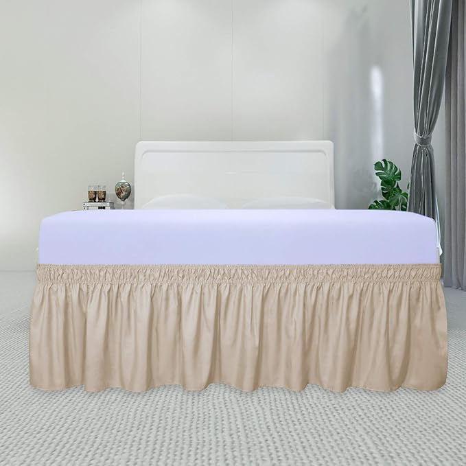 PureFit Wrap Around Ruffled Bed Skirt with Adjustable Elastic Belt - 18 Inch Drop Easy to Put On, Wrinkle Free Bedskirt Dust Ruffles, Bed Frame Cover for Queen, King and C-King Size Beds, Beige