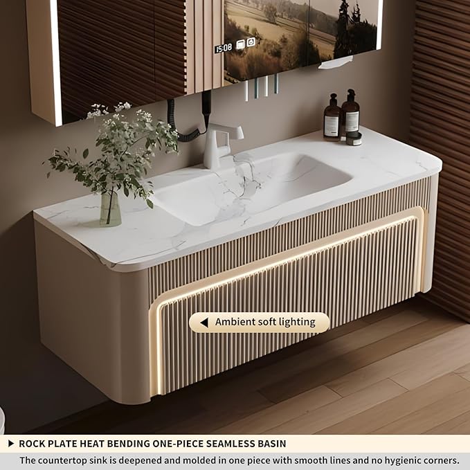 68” Bathroom Vanity Set, Floating Bathroom Vanities with Single Sink, Smart Defog Mirror Cabinet and LED Strip Light, Oak Wood Elegant Bathroom Cabinet with Storage Space (Milk Coffee)