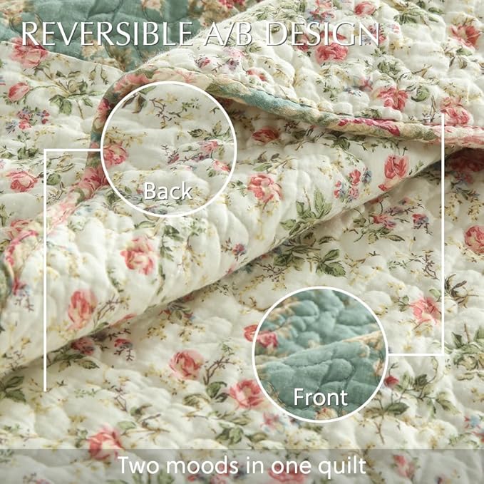 Cotton Bedspread Quilt Bedding Sets, 3 Pieces Reversible Coverlets Comforters Star with Green Floral Real Patchwork Bedspread, Queen Size