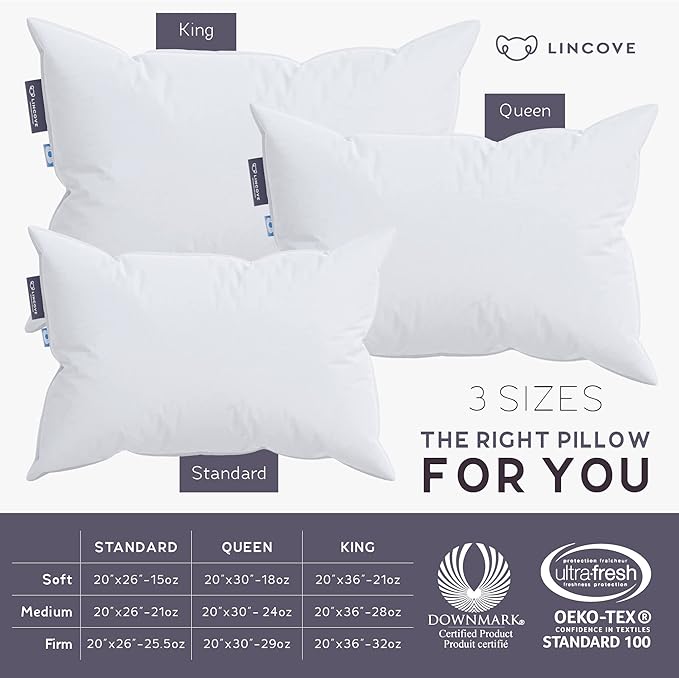Lincove Cloud Natural Canadian Down Pillow, White Luxury Sleeping Pillow - 625 Fill Power, 500 Thread Count Cotton Shell, Made in Canada, King - Medium, 1 Pack