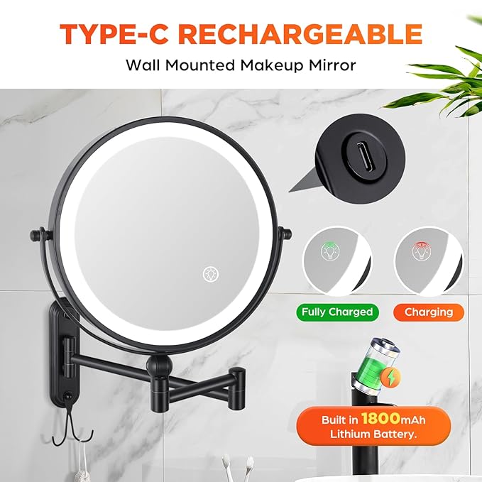 Wall Mounted Lighted Makeup Mirror, 8'' Double Sided 1X/10X Magnifying Rechargeable Vanity Mirror with Lights, 3 Color Lights Height Adjustable 360° Rotation Bathroom Mirror with Hook