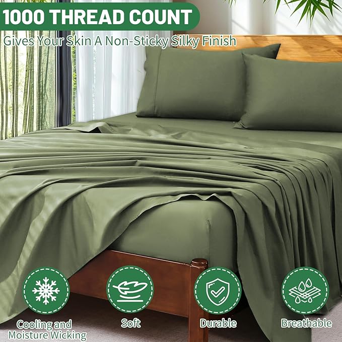 Extra Deep Pocket King Sheets 18-24 Inch 1000 Thread Count 100% Egyptian Cotton Sateen Weave Soft Breathable 4 Pieces（King，Olive Green）