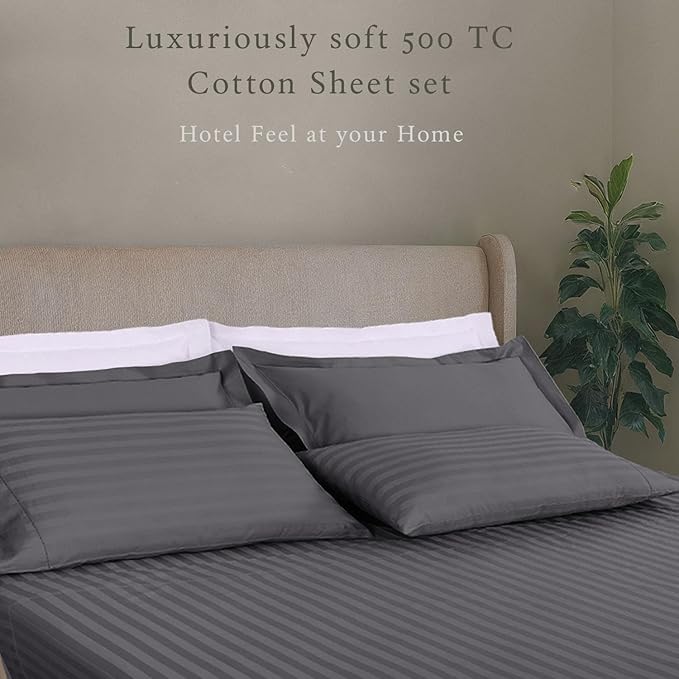 Threadmill 500 Thread Count Queen Size Damask Stripe, 4 Pc Luxury Cotton Sheet Set, Silky Smooth Dark Grey Sheets with 16" Elasticized Deep Pocket, 2 Pillowcases & Free Tote Bag