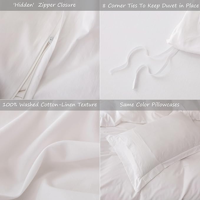 Linen Feel Duvet Cover King Size 104inch x 90inch,100% Washed Cotton Duvet Cover with Zipper Closure and 2 Pillowcases, Color of Bright White