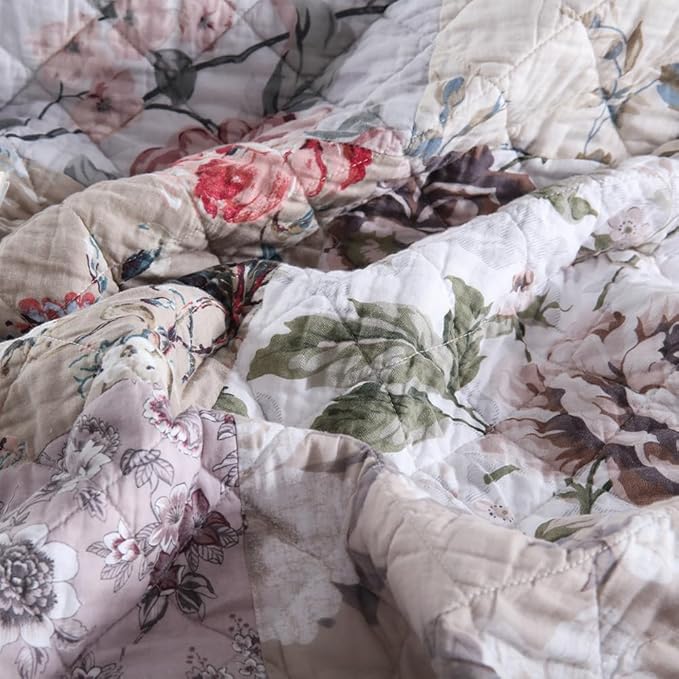 Cotton Bedspread Quilt Bedding Sets 3 Pieces Reversible Coverlet Sets Comforters Vintage Floral Patchwork White Bedspread, King Size