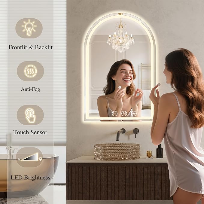 LED Bathroom Mirrors with Lights 30"x48" Arched Mirror for Wall,Led Vanity Mirror, Anti-Fog,LED Mirrors with Front Light and Backlit, Anti-Fog, Dimmable, 3 Color, Shatterproof, Touch Sensor
