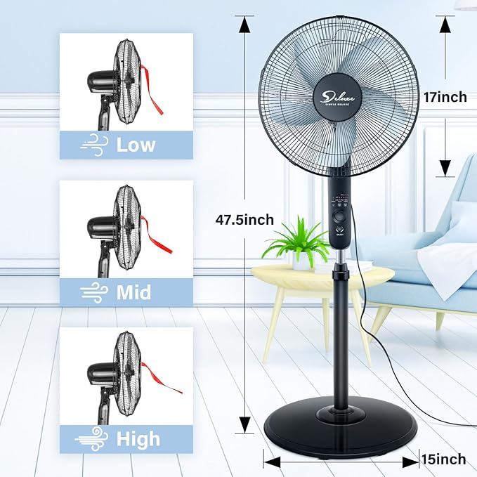 Simple Deluxe Pedestal Stand Fan with Remote Control for Indoor, Bedroom, Living Room, Home Office & College Dorm Use,3 Speed, Black, 16 Inch