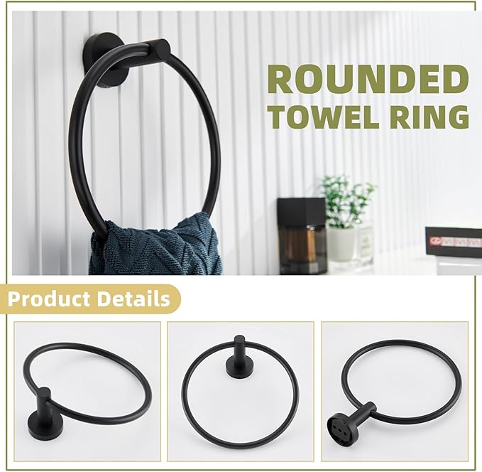 APLusee Matte Black 2 Pieces Bath Accessories Set, Hand Towel Ring and Toilet Paper Holder, Stainless Steel Bathroom Hardware, Wall Mounted