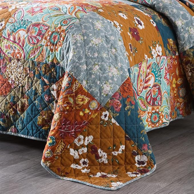 Autumn Dream Cotton Bedspread Quilt Sets Reversible Bedding Coverlet Sets Comforter, Paisley Floral Patchwork Yellow Grey Bedspread, Queen Size