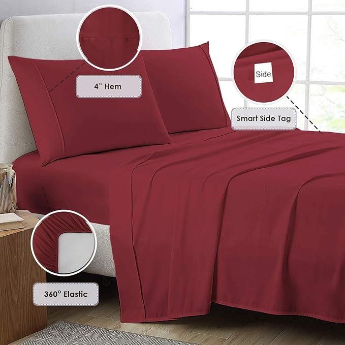 Pizuna Pure 100% Cotton Sheets 6pc Queen Size, 800 Thread Count Long Staple Cotton Crisp Sateen Sheets 6pc Queen with 15" Deep Pocket (Combed Rio Red Cotton Sheets 6pc Queen)
