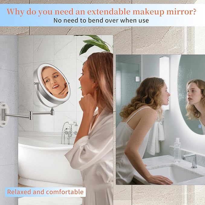 FUNTOUCH 9" 30X/1X Magnifying Wall Mounted Lighted Makeup Mirror, 4500mAh Rechargeable Double Sided Mirror with Light, 3 Color Lights,Touch Dimmable, 360 Rotation Extended Arm for Bathroom,Nickel
