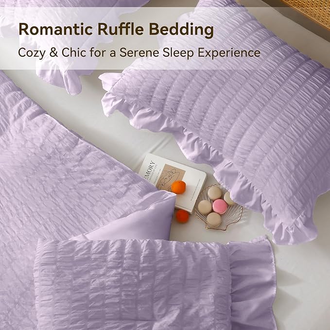 JOLLYVOGUE Lavender Queen Comforter Set, 3 Pieces Seersucker Comforters Queen Size, Lightweight & Fluffy Bedding Sets Queen for All Season with 1 Ruffle Comforter and 2 Ruffle Pillowshams