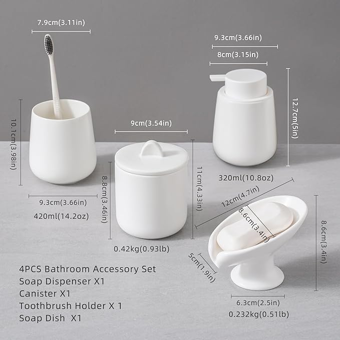Ceramic Bathroom Accessories Set,Includes Liquid Soap Dispenser, Toothbrush Holder, Soap Dish, Cotton Swab Jar,Bathroom soap and Toothbrush Holder Set,Classic Design(White Set - Liquid)