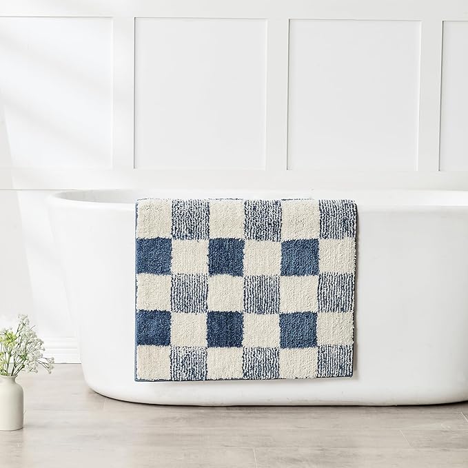CozeCube Bath mats for Bathroom Non Slip, Fluffy Absorbent Microfiber Bath mat Washable, Aesthetic Bathroom Rugs, Long Navy Blue Checkered Bath mat, Navy Blue, 47" x 24"