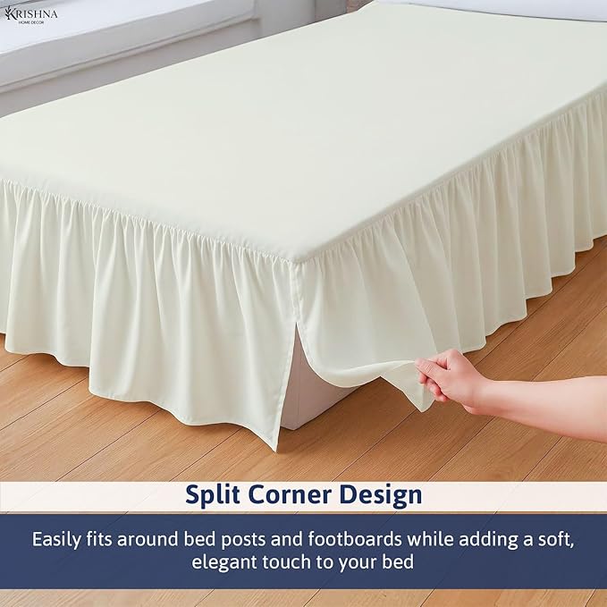 KRISHNA Ruffled Bed Skirt with Split Corners Full, 100% Microfiber Hotel Quality, 10 Inch Drop Dust Ruffle Gathered Bedskirt with Platform, 54" x 75", Ivory